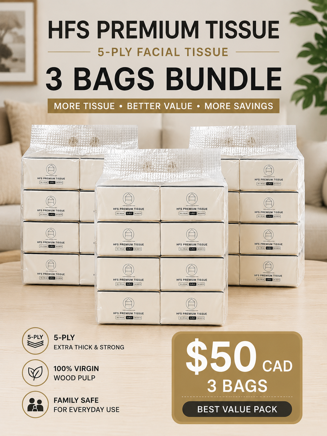 HFS Premium 5-Ply Facial Tissue | 8 Packs × 400 Sheets