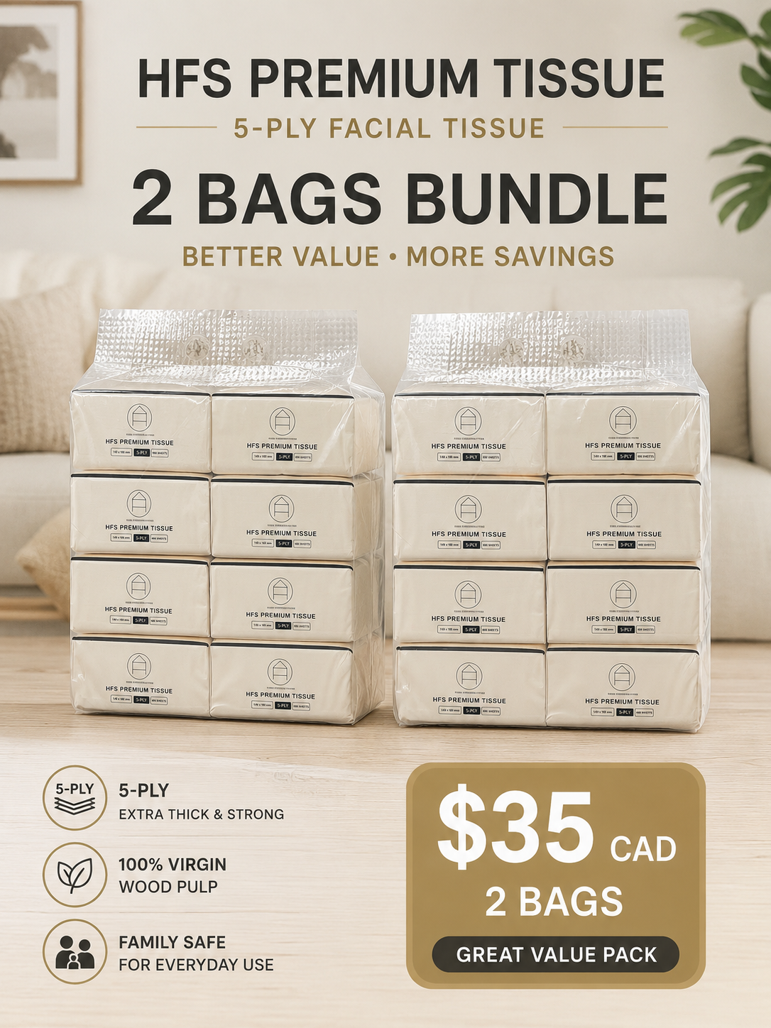 HFS Premium 5-Ply Facial Tissue | 8 Packs × 400 Sheets