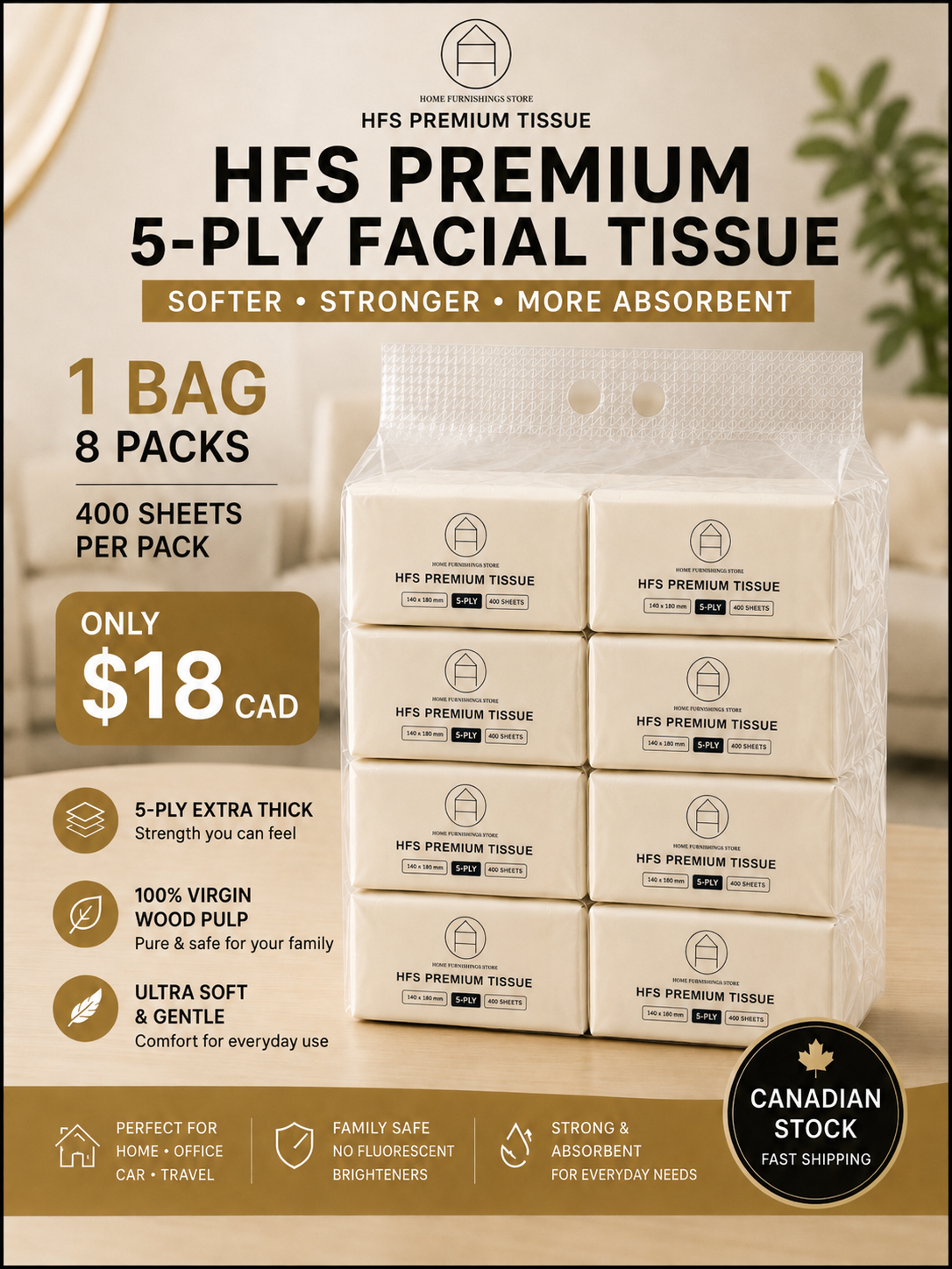 HFS Premium 5-Ply Facial Tissue | 8 Packs × 400 Sheets