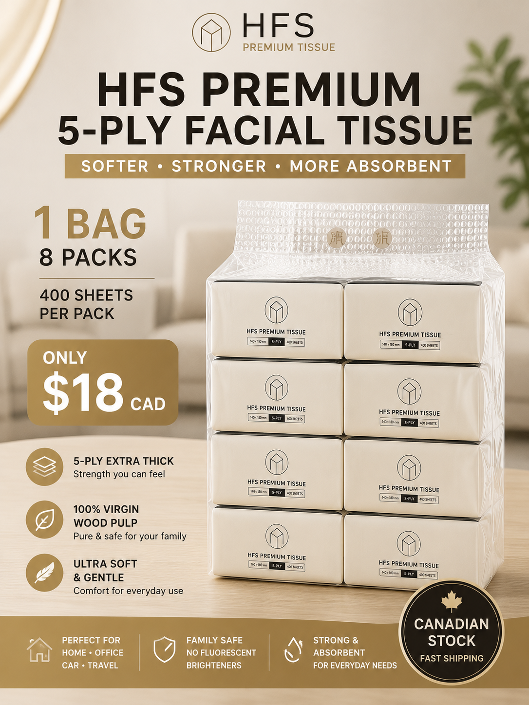 HFS Premium 5-Ply Facial Tissue | 8 Packs × 400 Sheets