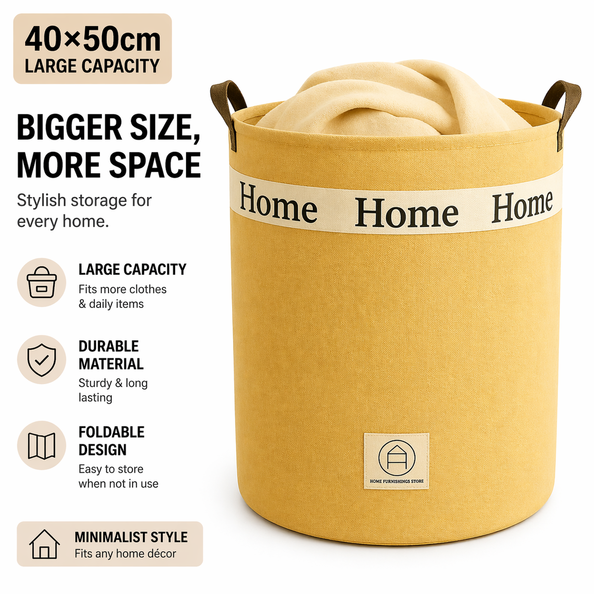 HFS Beige “Home” Laundry Basket – 40×50cm | Stylish, Spacious & Durable Storage Solution for Clothes