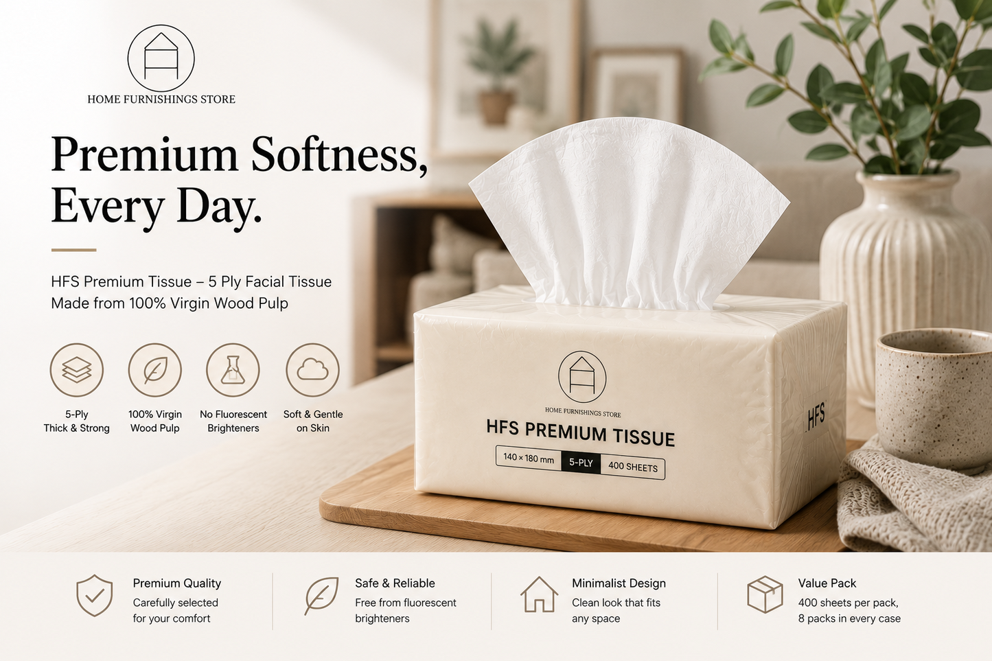 HFS Premium Facial Tissue – 5 Ply Soft & Strong Tissue Paper, 100% Virgin Wood Pulp, No Fluorescent Brighteners, 400 Sheets x 8 Packs