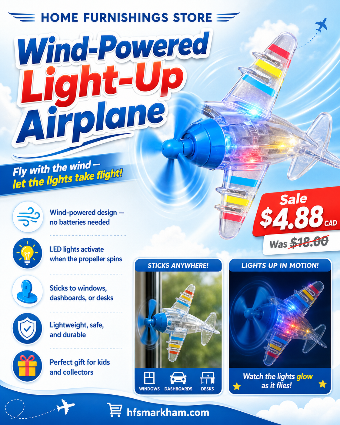 Wind-powered light-up airplane